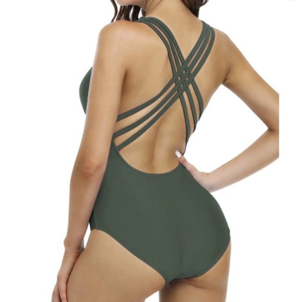 La Blanca Island Goddess Multi-Strap Cross-Back One Piece Swimsuit  Olive 10
